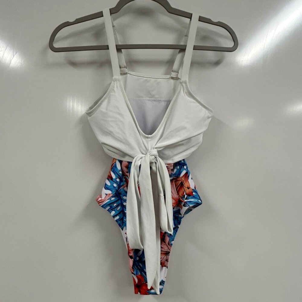 White Tie Front One Piece Swimsuit Small Tropical Floral Cutout Back Adjustable